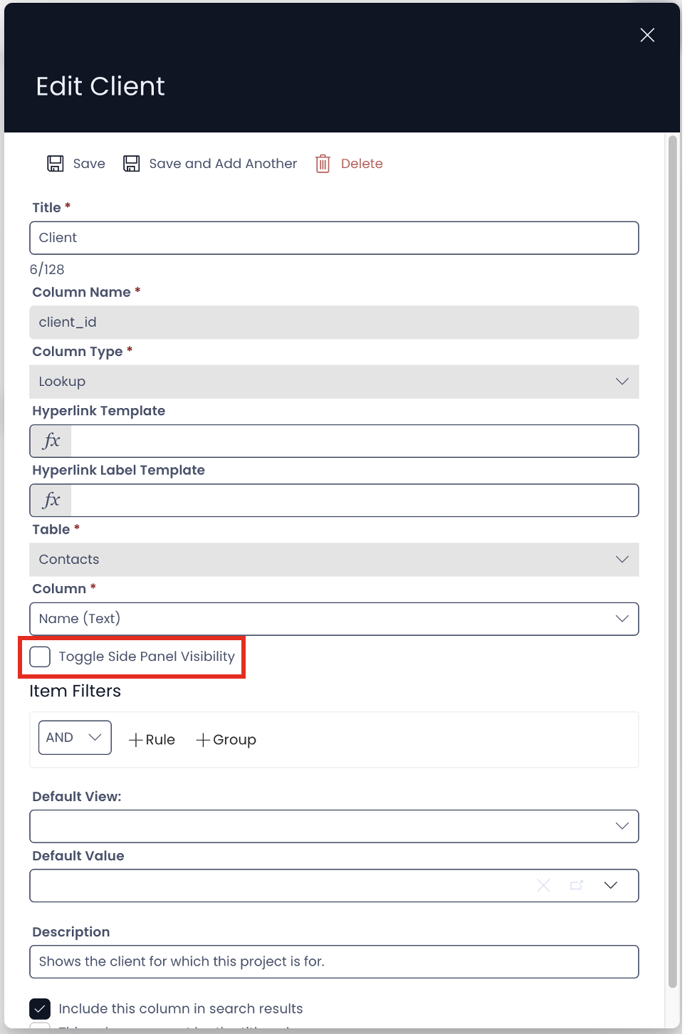 Image showing Checkbox field titled Toggle Side Panel Visibility